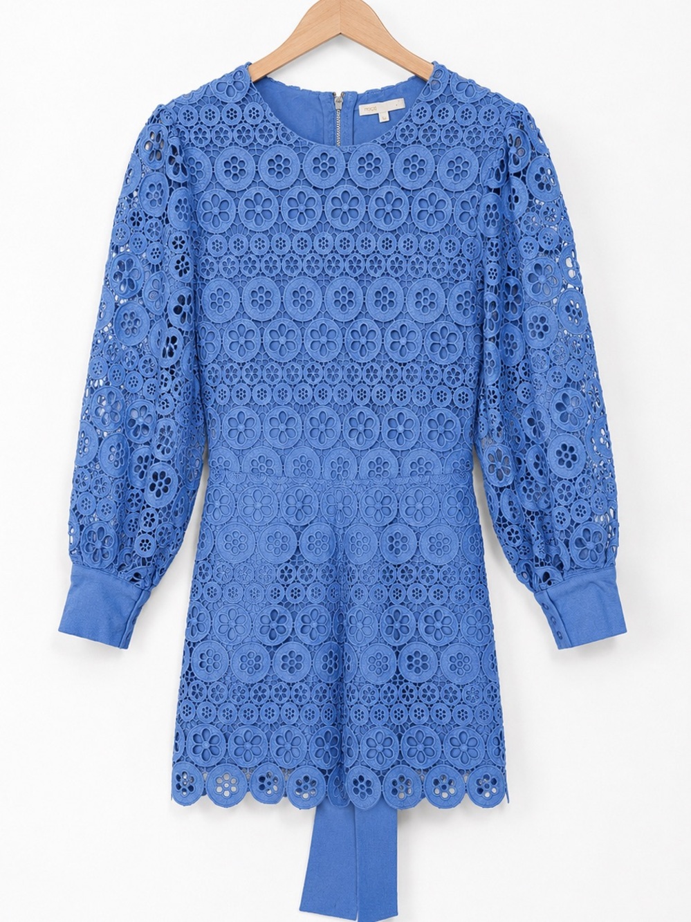Maje Sky Blue Floral Guipure Lace Romper EU 36 US 4 | Belted Long Sleeve